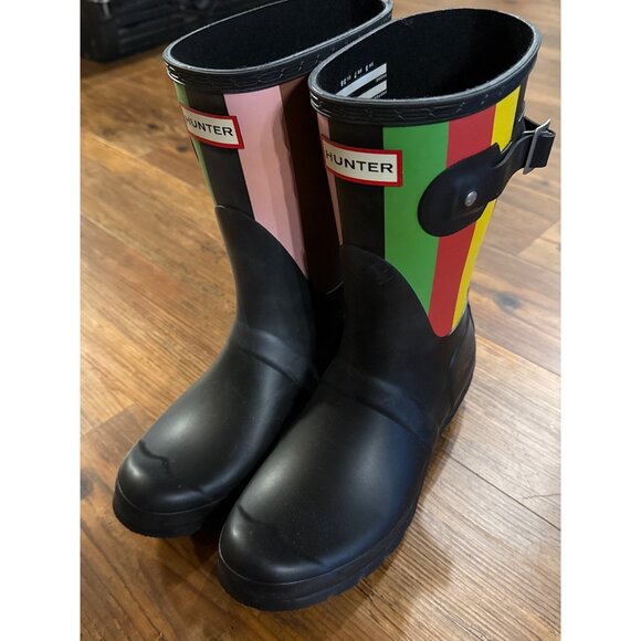 Hunter Women's Black Multi Striped Rain Boots - Size 7 US - New - Picture 13 of 14